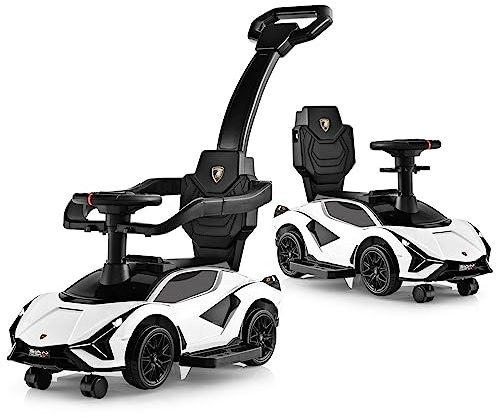 DREAMADE Porteur Enfant,Voiture à Pousser pour Bebe 18 à 60 Mois avec Barre de Poussée, Musique, Volants, Lumière, Charge Max. 25 KG (Lamborghini,Blanc)