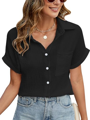 PASUDA Camicia Donna Estiva Camicetta Manica Corta da Donna Casual Cotone Elegante Blusa con Scollo a V Maglietta con Bottoni Moda Tinta Unita Tunica Classico Top T Shirt (Nero, M)