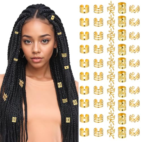 Tyqour 50 piezas de joyería dorada para el cabello para mujer, accesorios de rastas, joyería ajustable para mujeres negras, múltiples estilos, puños para el cabello, cuentas de pelo, anillos, clips,