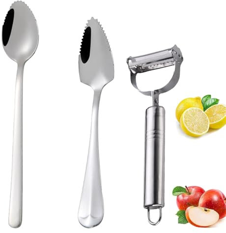 Hsyadazi Set di 2 Cucchiani da Pompelmo e 1 Coltello per Sbucciare Frutta, Cucchiani da Dessert in Acciaio Inossidabile con Bordi Seghettati, Ideali per Kiwi e Frutta, Lavabile in Lavastoviglie