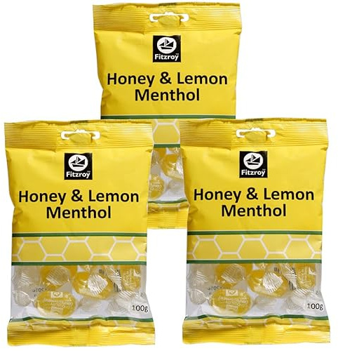 Fitzroy Honey & Lemon Menthol Hard Boiled Sweets 3 x 100g | Sore Throat Lozenges, Cough Drops