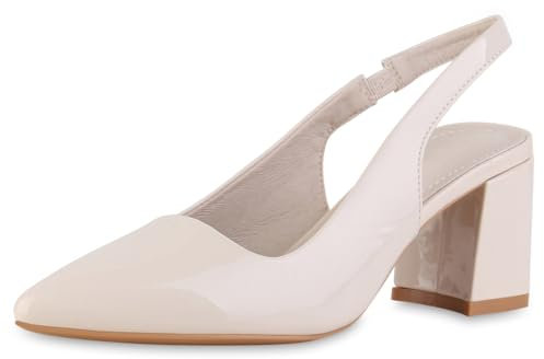 VAN HILL Damen Slingpumps Blockabsatz Lack Klassisch Schuhe 216737 Beige Lack 38