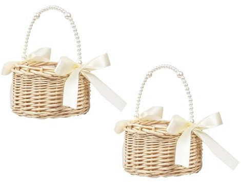 2 Stück Wicker Rattan Blumenmädchen Korb Blumenkorb mit henkel und Schleife Blumenkörbe Geflochtener Korb für Die Hochzeit Blumen (Farbband A)