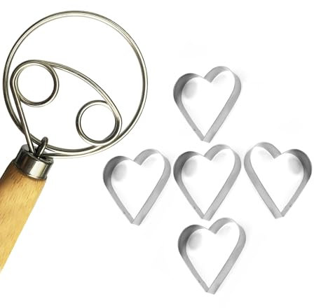 Frusta danese in acciaio inox con 5 forme a forma di cuore – Frusta multifunzione per pane, lievito e pasta per pizza | Utensile da cucina con scopa a spirale e manico in legno | Accessori da forno