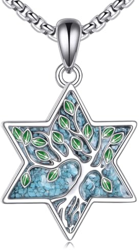URONE Cadena de árbol de la vida, plata de ley 925, colgante de estrella de David, turquesa, collar de estrella judía, árbol de la vida, joyas regalos para mujer, No es una piedra preciosa