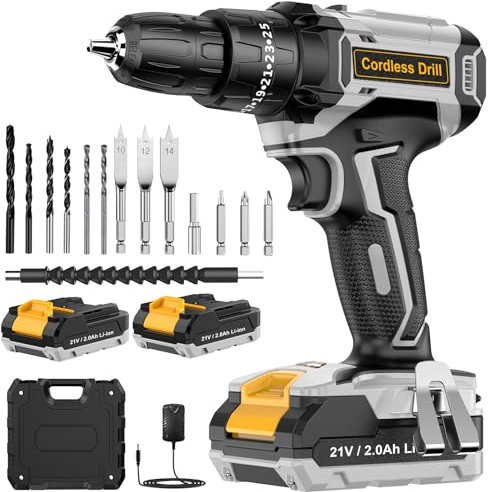 JYGMPRO Cordless Drill Driver 21V, Cordless Hammer Drill with 2 Batteries 2000mAh, 25+3 Torque, 42N.m Max, 14PCS Drill Bits, 2 Speed, LED Light for Home and Garden DIY Project, Grey