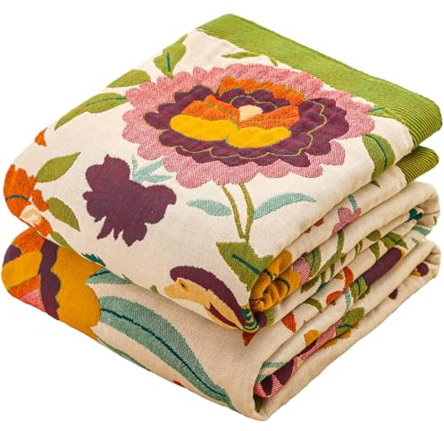 HOORDRY Manta decorativa bohemia de algodón de doble cara, agradable al tacto, para cama individual y sillón con patrones de flores, colcha para todas las estaciones, 100% algodón puro, 150 x 200 cm.
