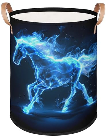 Blue Abstract Horse Laundry Basket Foldable Storage Baskets Round Laundry Hamper With Handle for Gift Baskets/Laundry Storage/Bedroom and Utility Room Storage Bins Fire Horse