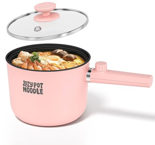 Lazy Pot Noodle Electric Hot Pot, Lazy Pot, 1.5L Rapid Noodles Cooker with Dual Power, Non-Stick Frying Pan for Ramen, Pasta, Oatmeal & Eggs, Portable Cooking Pot for Dorm, Office, Travel, Gift, Pink