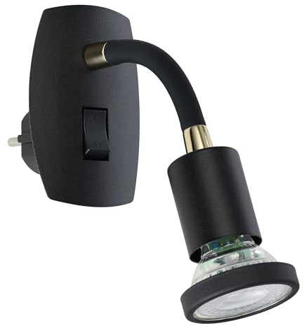 EGLO Steckerleuchte Parrini, Steckdosenlampe mit Schalter, Steckerlampe mit schwenkbarem Spot und Flexarm, Metall und Kunststoff in Schwarz und Messing, warmweiß