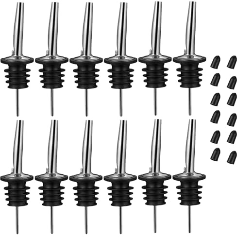 BALTRE 12 vertedores de acero inoxidable con cierre, vertedor para bebidas espirituosas, aceite de oliva, apto para botellas de aprox. 3/4 pulgadas, acero inoxidable, bares, fiestas y jarabe de café