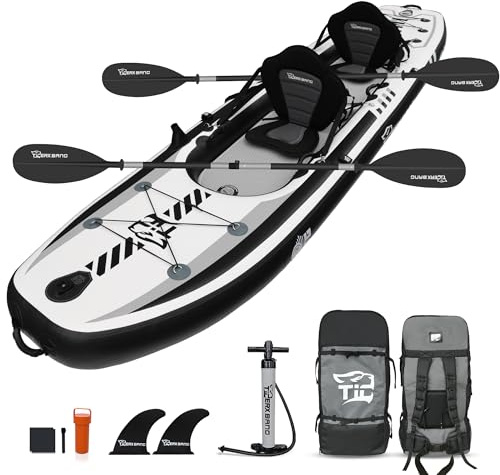 TIGERXBANG 12'8 Inflatable Tandem Kayak, Fishing & Touring, 2 Seats, Adjustable Paddle, Perfect for Family Adventures & Fishing, Includes Backpack & Repair Kit