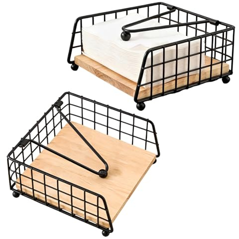2 Pcs Black Napkin Holder for Tables, Metal Serviette Holder with Weighted Bar, Square Paper Napkin Dispenser with Wooden Base for Kitchen Dining Restaurant Wedding Party Picnic