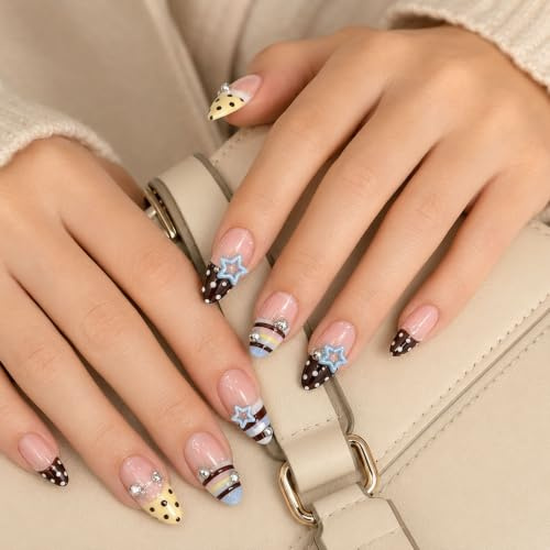Long Almond Press On Nails French Tip Y2K False Nails Summer 24PCS