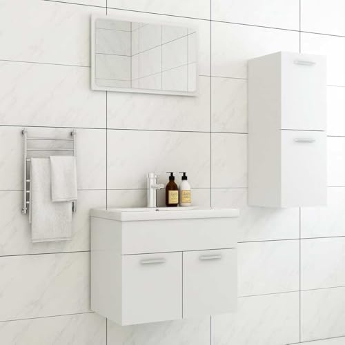 toolkix Juego de muebles de baño de madera blanca con armario para debajo del lavabo, armario midi y espejo, ahorra espacio para cuarto de baño con espacio de almacenamiento y moderno montaje en pared