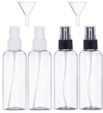 JamHooDirect 4Pcs, 100ml Spray Bottle Empty Plastic Fine Mist Travel Atomiser Set with 2 Funnels & 12 Labels - Clear Refillable & Reusable Bottle Toiletries Liquid Containers for Cosmetic Make-up