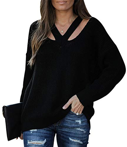 Gros Pull Grosse Maille Femme Oversize Pull Tricot Col V Femme Pullover Pulls Femmes Chandail Femme Sweater Pull Over Tricoté Grande Taille Femme Long Pull Tunique Femme Manche Longue Epais Noir XL