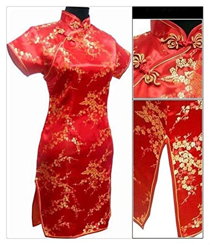 HXSZWJJ Traditional Chinese Dress Women's Satin Qipao Mini Cheongsam Flower Qipao (Color : Red, Size : 2XL.)