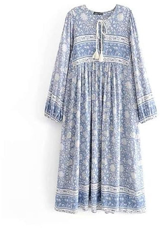 Boho Maxi Midi Dress Summer Dresses for Women Long Sleeve Floral Casual Hippie Bohemian Flowy Maternity Loose (UK, Alpha, L, Regular, Regular, Blue)