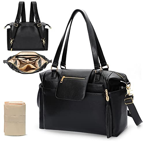 Omanmoli Wickeltasche aus Leder, Wickeltasche, Rucksack, groß, 14 Wickeltaschen, Organisationstaschen, Wickelunterlage, Crossbody-Gurt, 4 isolierte Taschen, Schwarz