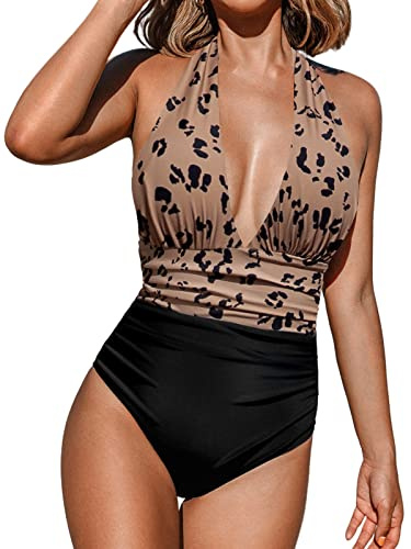 CUPSHE Mujer Halter Escote V-Cuello Monokini Volantes Abdominales Estampado Animal Leopardo Traje De Baño De Una Pieza Traje De Baño Multicolor XL