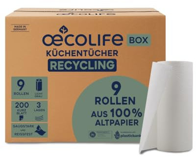 œcolife Küchentücher Box RECYCLING, 9 Rollen á 200 Blatt, Kurzblatt, Küchenrollen Großpackung, plastikfrei, nachhaltig, Haushaltsrollen, Allzwecktücher, Papiertücher, Papierhandtücher, Küchenpapier