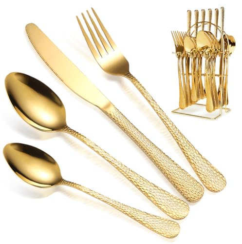 Ensemble de couverts 24 pièces avec support | Fourchettes suspendues, cuillères et couteaux | Ensemble de couverts dorés avec égouttoir pour la maison, les restaurateurs, les fêtes