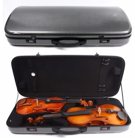 WUQIMUSC Étui double en fibre de carbone pour violon de taille 4/4 et alto de 38,1 à 43,2 cm réglable avec sangles arrière et serrure à combinaison (noir)