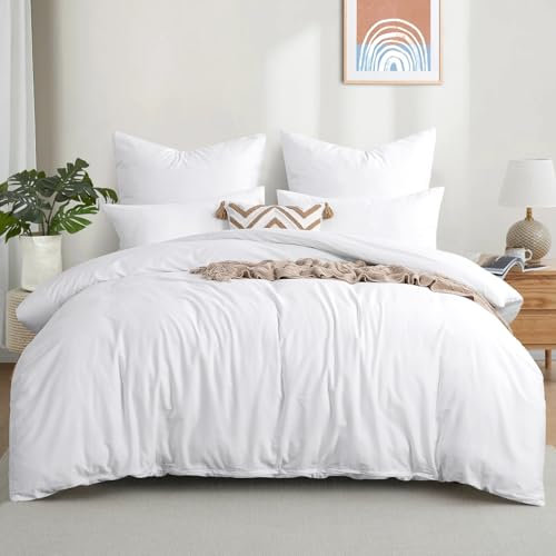 Aisbo Bettwäsche 200x200 Baumwolle Weiß - Bettwäsche-Sets Bettbezug 200x200 3teilig mit 2 Kissenbezüge 80x80 cm, Weiss Baumwollbettwäsche Set, Oeko-TEX Bettwäsche Weiß mit Reißverschluss