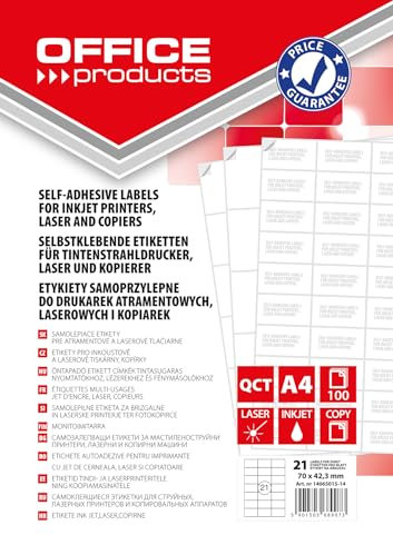 OFFICE PRODUCTS Etiketten Selbstklebend / 70 x 42,3 mm / 100 Blatt A4 / Weiß/Günstige, Wirtschaftliche Selbstklebeetiketten/Adressaufkleber Bedruckbar Adressetiketten Klebeetiketten