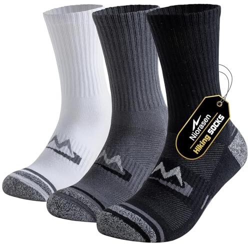 Niorasen Mens Sports Socks, Cushioned Anti Blister Hiking Walking Socks | Breathable Soft Cotton, Moisture Wicking, Performance Crew Outdoor Socks for Work Trekking Cycling Athletic Casual, 3/6 Pairs