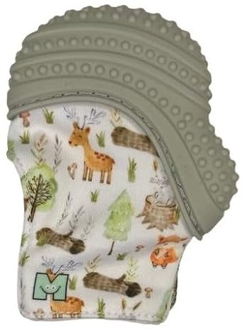 Malarkey Kids Baby Teething Mitten, Munch Mitt Baby Chew Toy - Protects Hands from Chewing & Saliva, Heals Aching Gums, Promotes Sound & Visual Stimulation for Babies Up to 1-Year-Old (Grey Woodland)