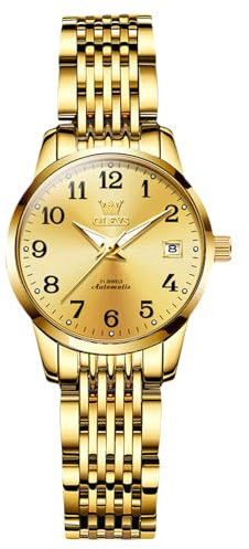 Rorios Damen Elegant Armbanduhr Minimalistisch Automatik Uhr Mode Automatik Edelstahl Uhr Leuchtend Analog Damenuhren Gold