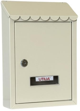 UTILIA Capri Boîte aux lettres 21 x 6 x 30 h, porte lettres en tôle peinte avec toit, auvent supérieur arrière, boîte aux lettres d'extérieur avec serrure à cylindre, 2 clés (Beige)