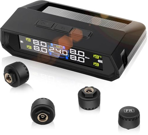 Liwogi Tire Pressure Monitor System With Alarm Modes, Wireless TPMS Solar Monitor Universal Car Tyre Pressure Monitoring Tool with 4 Waterproof Sensors 73Psi/99Psi for Caravan SUV MPV Sedan