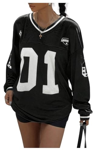 BEAUDRM Women's Jersey Shirts Y2k Oversized T Shirt Number Letter Graphic Long Sleeve V Neck Sports Tee Black Large