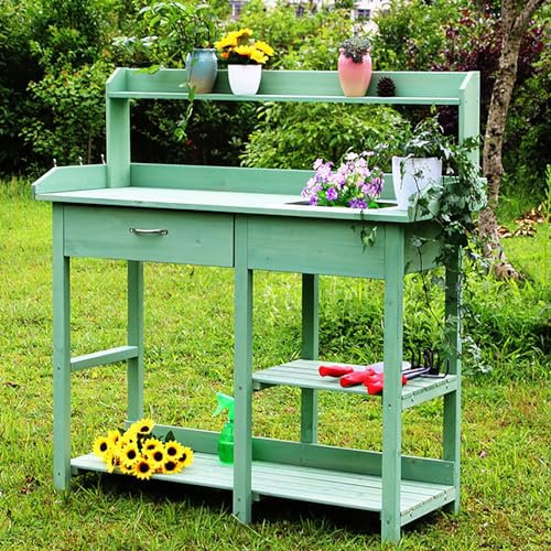 Potting Bench Work Station Garden Potting Bench Table, Wooden Workstation Table with Removable Stainless Steel Sink, Open Shelves, All-Weather Garden Table Work Station with Storage Drawers