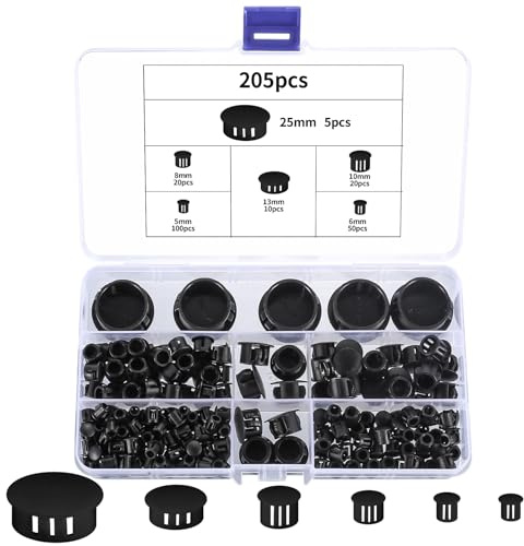 205 STK Täcklock för Borrhål, Svarta Plast Pluggar, Möbel Blindplugg Täckplugg Plast Skivhålsplugg, Rör Hålplugg, 5mm/6mm/8mm/10mm/13mm