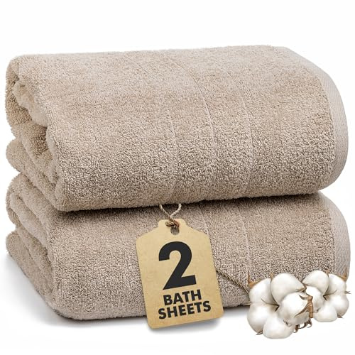 Novo Home Bath Sheets - Extra Large Bathroom Sheet Set – 550 GSM Pack of 2 Jumbo Towels Beige (90x180cm) – 100% Ring Spun Cotton Soft Quick Dry Large Bath Towels for Adults Hotel Spa Bathroom Use