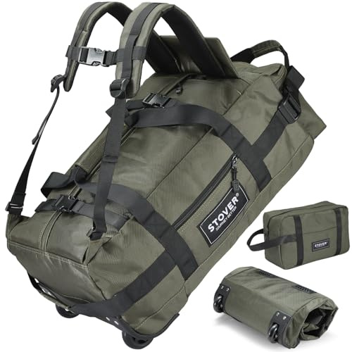 STOVER 45L Carry-On Rolling Duffel Bag with Wheels, Medium Durable Travel Duffle w/Toiletry Bag, Heavy-Duty, Packable, Foldable with Shoulder Straps- Use as Luggage or Backpack, Men/Women (Green)