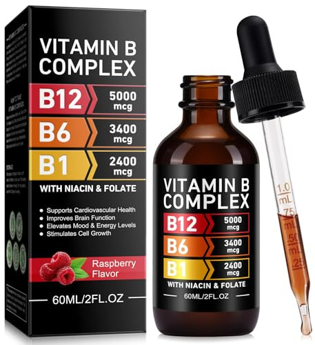 Liquid Vitamin B Complex Drops High Strength Supplement, Vitamin B12, B6, B1, Niacin & Folate, Supports Energy & Immune Support Non-GMO, Gluten-Free & Vegan- for Men & Women, Raspberry Flavour (60ml)