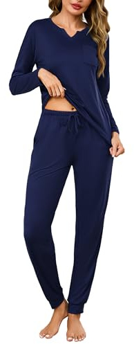 Bresdk Pigiama Donna Invernale Lungo Pigiami Donna Manica Lunga Leggeri Pigiami Due Pezzi con Scollo V Maniche Lunghe Pantaloni Lunghi Morbido e Confortevole Blu M