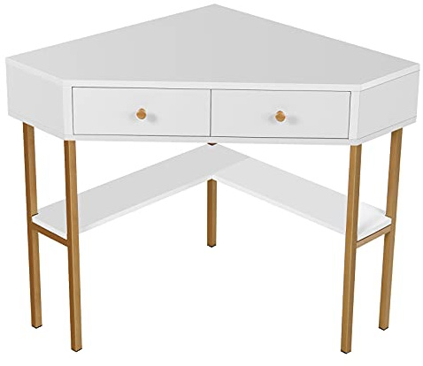FANTASK Eckschreibtisch mit Schubladen, Computertisch platzsparend mit 2 großen Fächern, Winkelschreibtisch modern aus Holz, Arbeitstisch für Büro & Homeoffice, Weiß