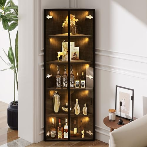LED-glasvitrinskåp 62 x 35 x 160 cm – svart, med integrerade ljuslister, dammskyddat vitrinskåp av härdat glas med hörnelement med dörrar – hörnskåp, bokhylla, vinskåp, badrumsskåp