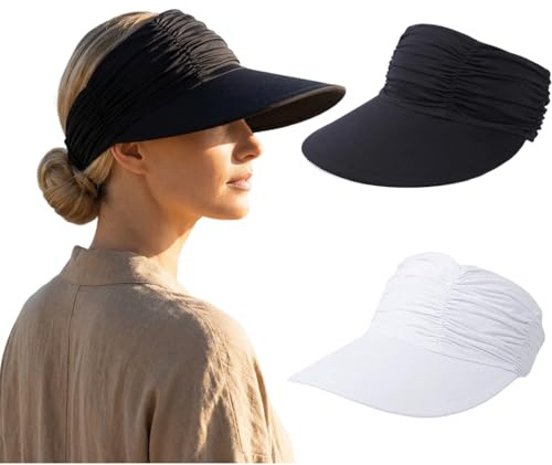 ZMIYIAC 2PCS White Black Sun Visor for Women, Sun Hat Wide Brim Hat Women Adjustable Foldable Beach Hat Visor Cap for Golf Outdoor Cycling Fishing Tennis Running Beach Vacation (2PCS)