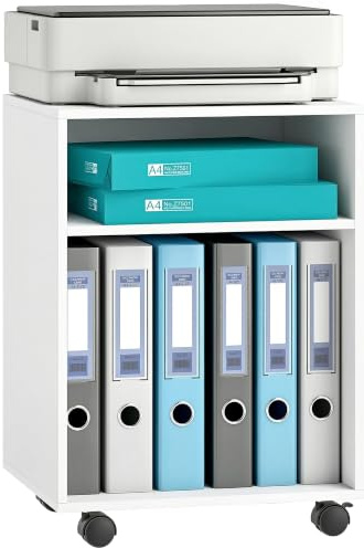 HOMCOM Skrivarställ, skrivarbord med 2 öppna hyllor, låsbara hjul, skrivbordsorganisatör för skrivarhållare, skrivarvagn för kontor, hem, kontor, fax-skanner 40 x 35 x 56 cm, vit