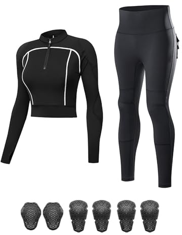 ARMAAN Tuta Moto Donna Con Protezioni – Top Compressivo A Manica Lunga Traspirante E Pantaloni A Vita Alta Con Protezioni Rimovibili Per Pendolarismo Quotidiano,Black 1-EU L