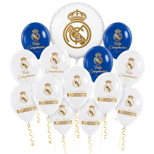 Globos Cumpleaños Real Madrid – Decoración Fiesta Madridista con 12 Globos Látex y Globo Foil, Kit Globos Infantil de Fútbol para Niños, Fiestas y Celebraciones Real Madrid (KIT 3)