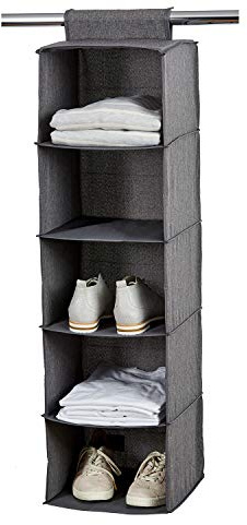 Love IT Store IT - Premium - Étagère Suspendue en Lin Pliable, 5 Compartiments avec Renforcement Bois, Organisateur Armoire, Gris Chiné, 30x30x100 cm