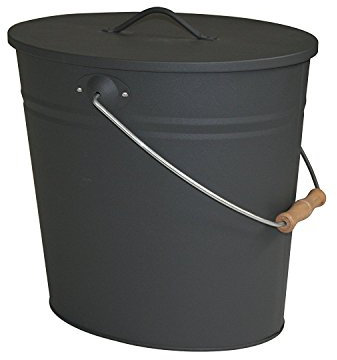 ReWu Stahleimer Ascheeimer Mehrzweckeimer oval mit Deckel für heiße Glut und Asche - Größe 15 l - Kohleeimer Kamineimer in matt schwarz